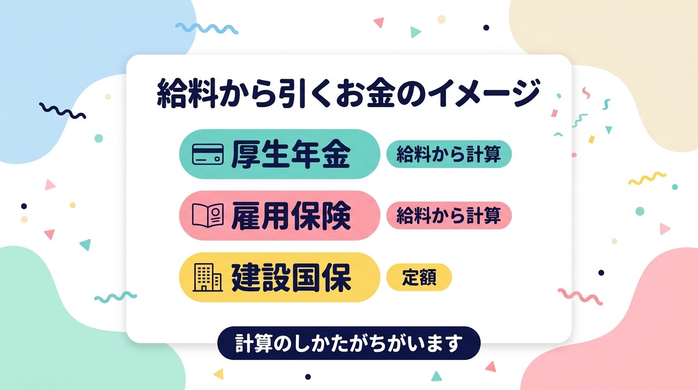給料から引くお金のイメージ 厚生年金と雇用保険は給料から計算、建設国保は定額