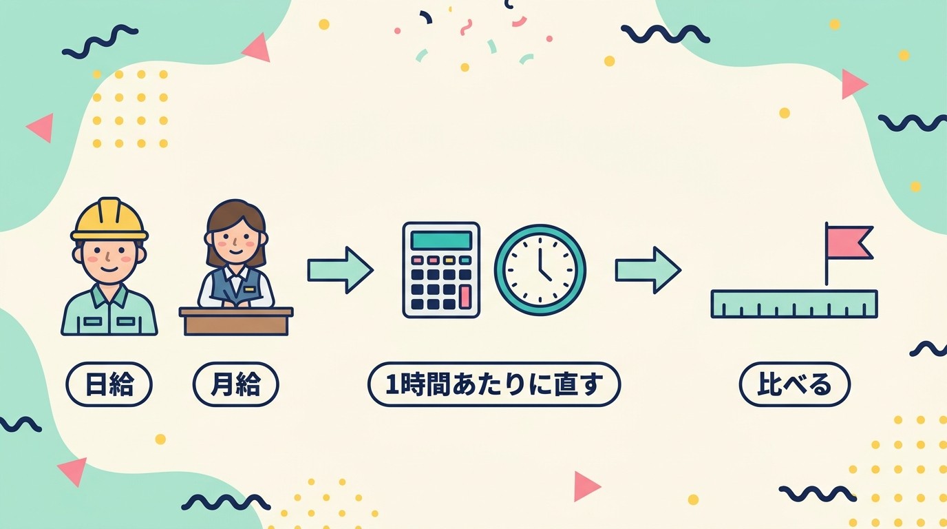 日給と月給を1時間あたりに直して最低賃金と比べる流れ