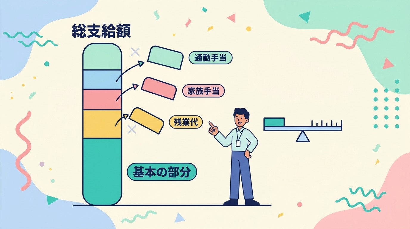 総支給額から通勤手当や家族手当を外して比べる金額を出すイメージ