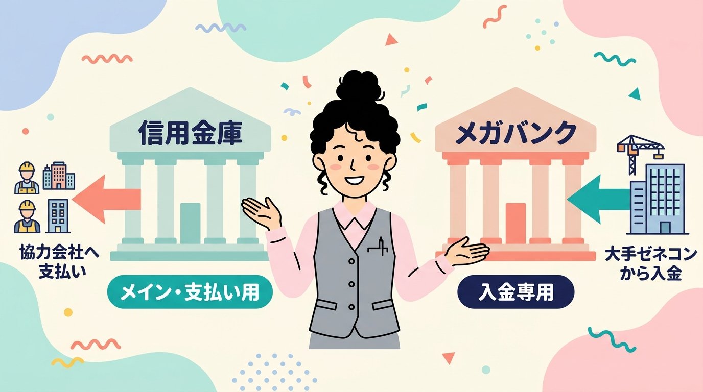 口座の役割分担:信用金庫はメイン・支払い用、メガバンクは大手ゼネコンからの入金専用