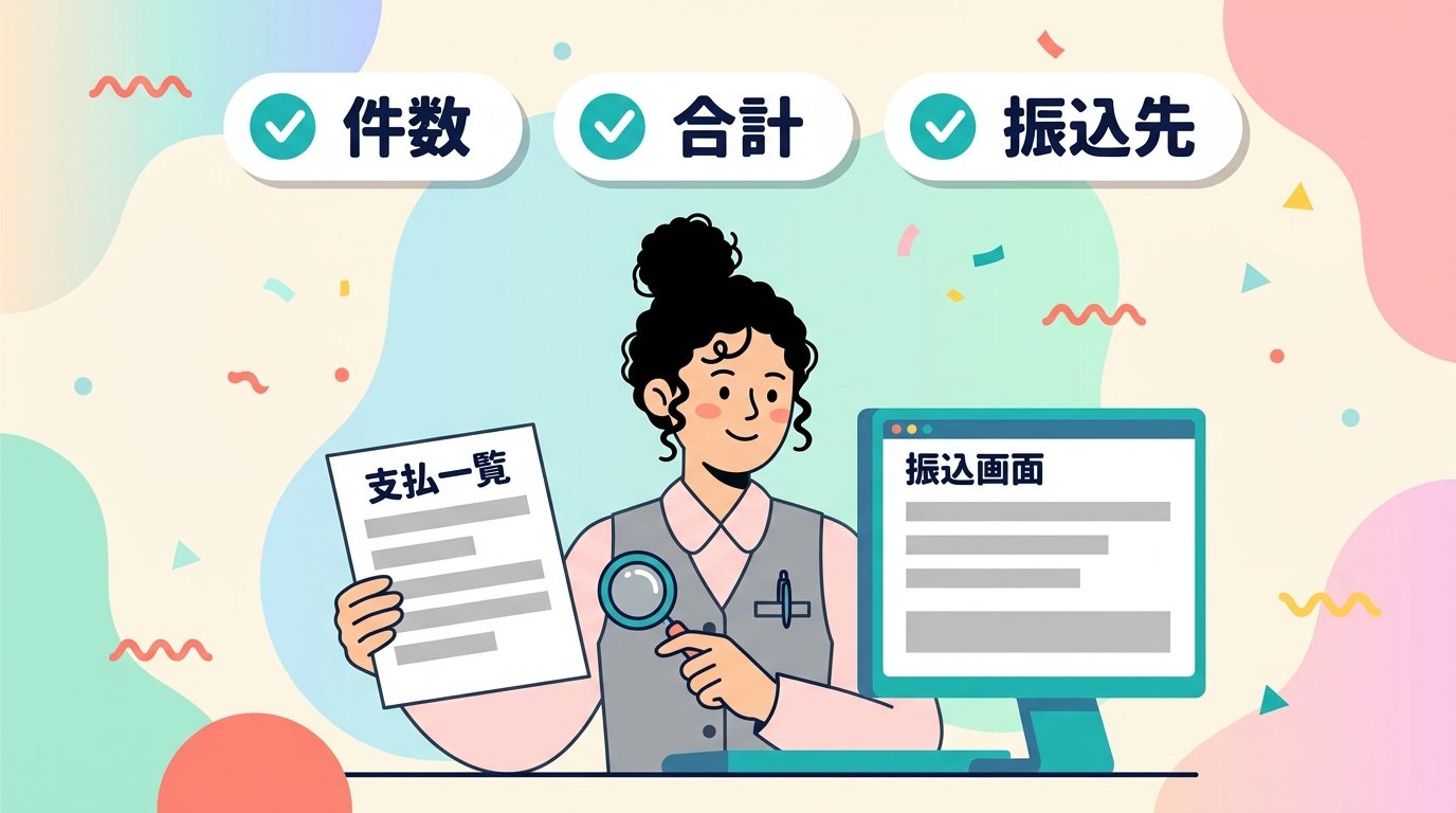 支払一覧と振込画面で件数・合計・振込先を見比べる